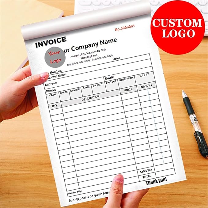 Custom Invoice Book in 3-Part /2-Part Receipt Book with Carbon Copies Personalized Carbonless Service Invoice Form Books Sales Order Book with Company Name Logo Address,A-Invoice Book