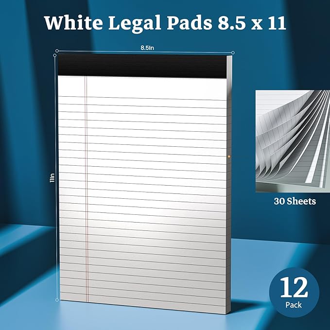 White Legal Pads 8.5 x 11 Notepads, 12 Pack Writing Paper Note Pads 8.5x11, Micro Perforated Wide Ruled Lined Writing Pads 30 Sheets for Home Office School Work, Legal Notepads Double-Side Printed Per Pad
