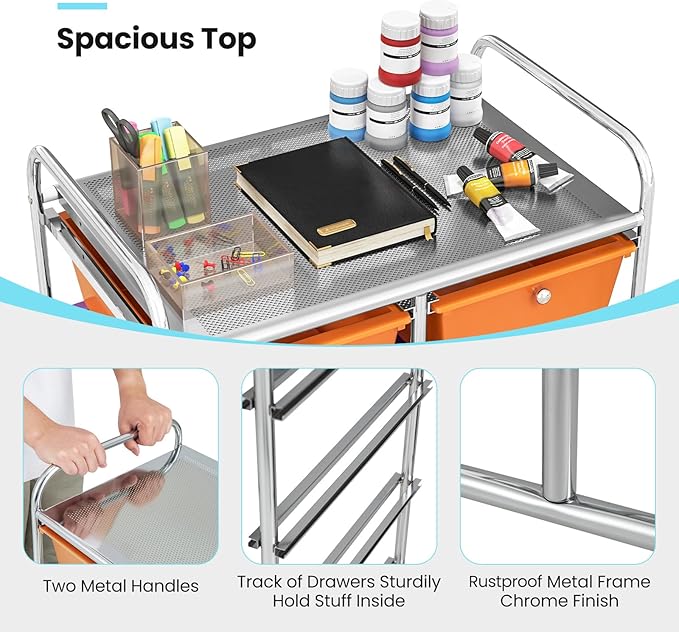 GLACER 10 Drawer Rolling Cart, Storage Cart with Lockable Whieels & Metal Frame, Trolley for Art Craft Oganizer, Mobile Utility Cart for Office, School, Classroom, Kitchen (Rainbow Color)