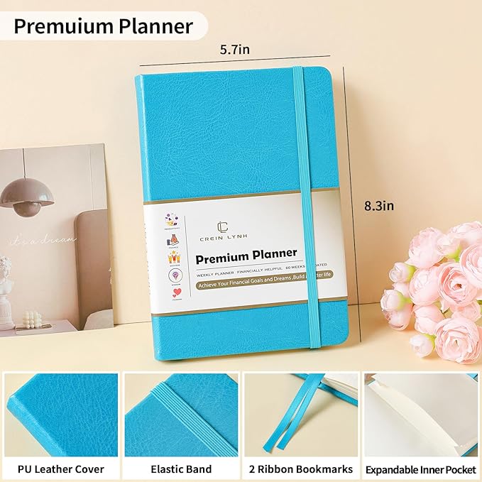 Crein Lynh 2025-2027 Premium Planner, Weekly & Monthly Calendar Planner with Budget & Goal Setting, January 2025 – December 2027, Tabs, Inner Pocket, Daily Journal Organizer for Women, A5, Blue