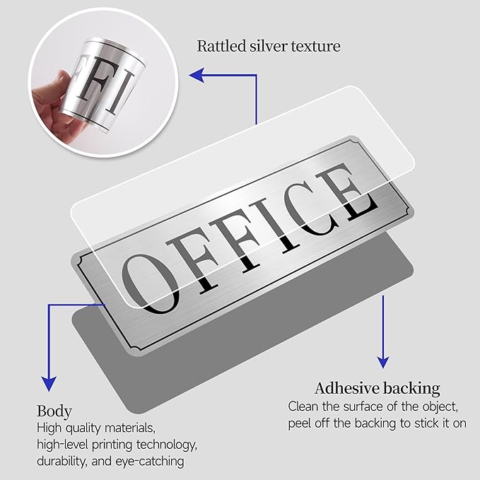 The Office Door Sign for Home and Business，Self-Adhesive Waterproof and Fade-Resistant Modern Brushed Silver Office Sign Sticker for House，Business，Door, Window（Silver）