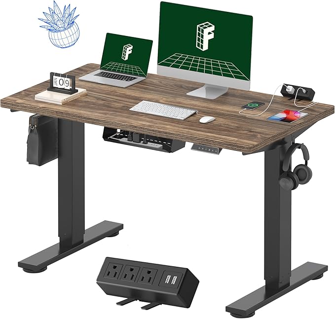 FLEXISPOT EN2 Whole-Piece Standing Desk with Clamp Power Strip, 48 x 24 Electric Stand Up Height Adjustable Desk with Cable Management (Black Frame + 48" Black Walnut Desktop, 2 Packages)