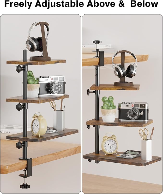 ART-GIFTREE 3 Tiers Clamp On Desk Shelf, 360¡ã Angle Adjustable Desktop Shelf Organizer for Home Office Gaming Room, No Drill Desk Extender Adapt to 0.4-2.16 inches Table Thick, Black Brown