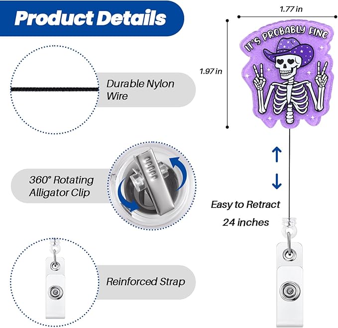 It's Probably Fine Funny Cowboy Skeleton Nurse Badge Reel, Cute Radiology X-ray Retractable ID Card Badge Holder, Name Tag Badge Clip for RN Nurse Nursing Student Radiologist Doctor Medical Workers