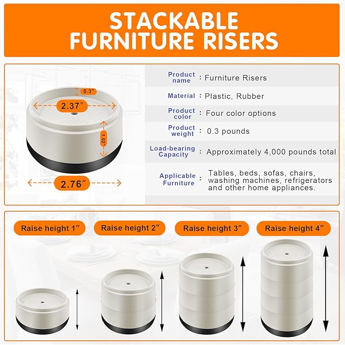 Furniture Risers Bed Risers Heavy Duty 1 inch, 2 inch, 3 inch, 4 inch Round Adjustable Bed Lifts Riser for Desk Legs Table Couch Sofa Chair Refrigerator Washing Machine (1 Inch, White, 4 Pack )