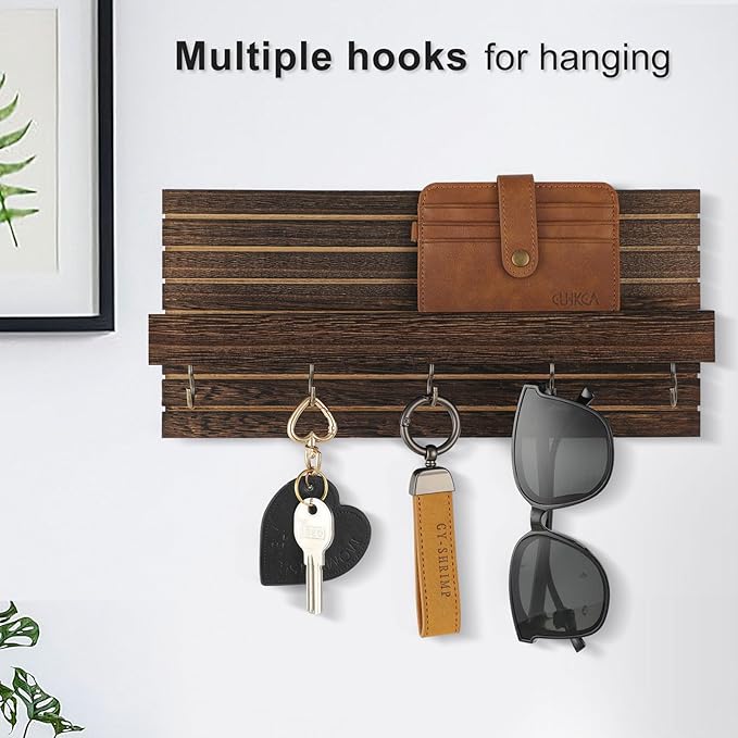 Lwenki Decorative Key Holder for Wall with Shelf, Entryway Shelf with Hooks Holds Leashes, Jackets and Glasses – Sturdy Wood Keyholder Entrance Hanger with Mounting Hardware (Brown, Medium)