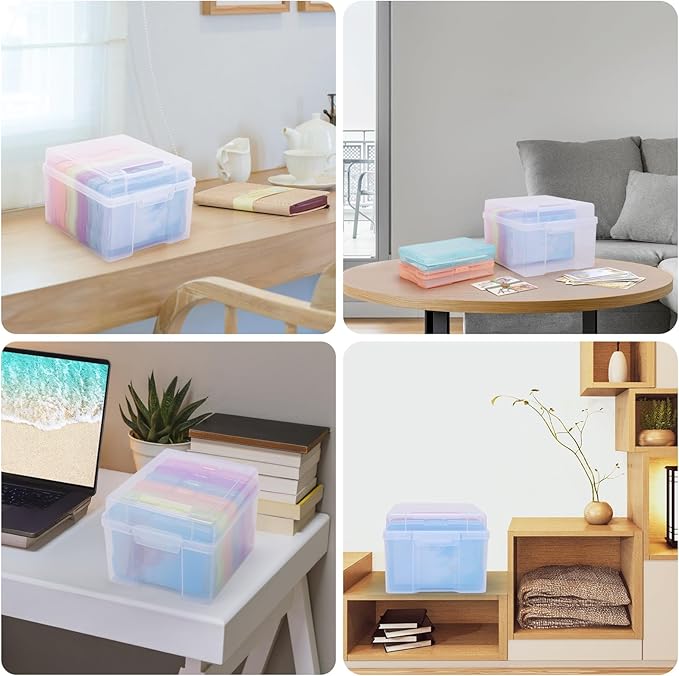 COSICS Photo Storage Box 4" x 6", Extra Large Transparent Plastic Photo Organizer Craft Keeper with 6 Colorful Inner Case for Cards, Pictures, Stamps, Stickers, Seeds, Office Supplies