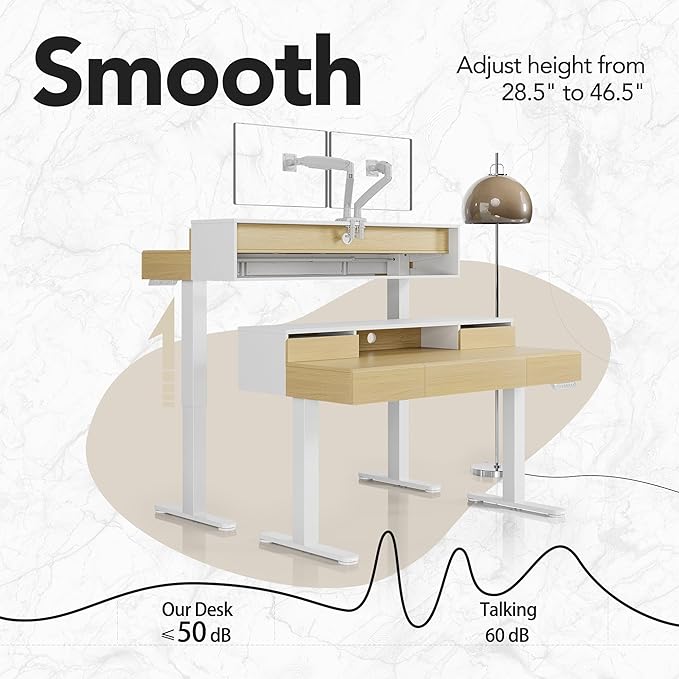 HUANUO Standing Desk with Drawers, 48 Inches Electric Height Adjustable Desk with Storage, Whole-Piece Board Sit Stand Up Desk with Monitor Shelf, Light Walnut