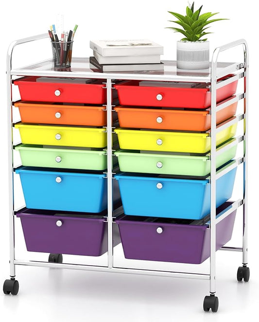 HAPPYGRILL 12-Drawer Rolling Storage Cart, Multipurpose Organizer Cart for Home Office School, Utility Cart with Wheels, (Colorful)
