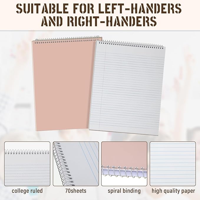 Maitys 6 Pcs Legal Pad Steno Spiral Notebook 8.5 x 11 Inches Top Bound Spiral Pads Hard Cover College Ruled Notepad 70 Sheet Pad Colorful Covers for School Office University Home (Delicate Color)