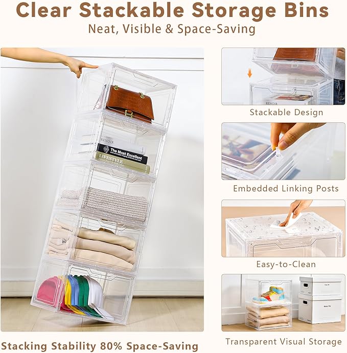 Freebat Closet Organizers and Storage, Acrylic Clear Plastic Storage Bins with Magnetic Door, 8 Pack Storage Containers for Clothes Home Organization Purse Bag Cabinet Display Closet Organizer System