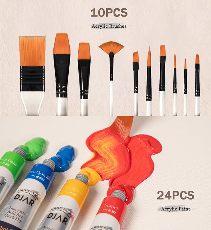 DJAR 49 pcs Acrylic Art Set with 25" Art Easel, Adjustable Beech Wood Tabletop Wooden Easel for Painting, Painting Supplies with 24 Acrylic Paints, Canvas Panels, Palette for Teens, Adults, Students