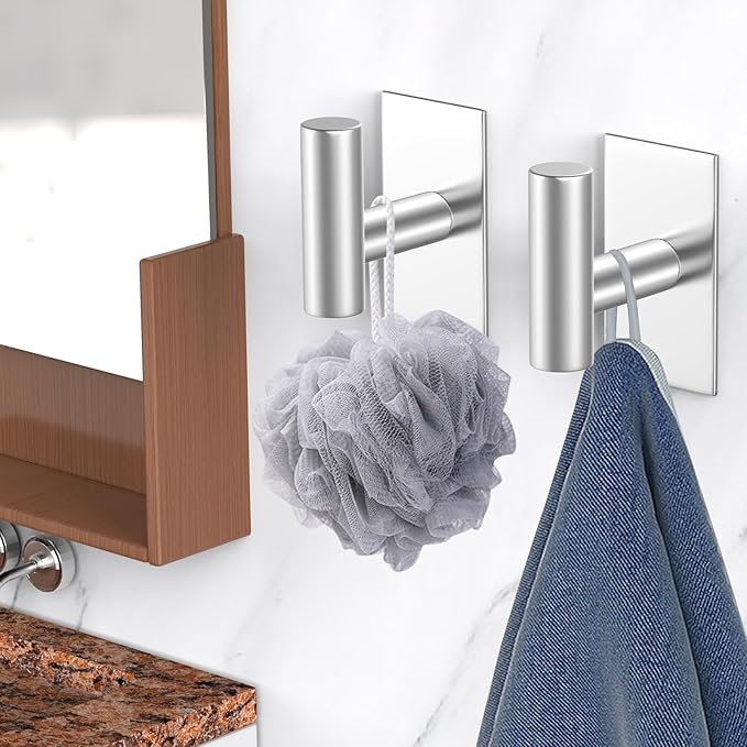 VAEHOLD Wall Towel Hooks, Heavy Duty Sticky Holder Waterproof Towel Hooks for Hanging Coat, Clothes, Closet Hook Wall Mount for Kitchen (Silver, 4 Pack) | Heavy Duty, Sticky Holder, Waterproof, Towel Hooks, for Hanging Coat, Clothes