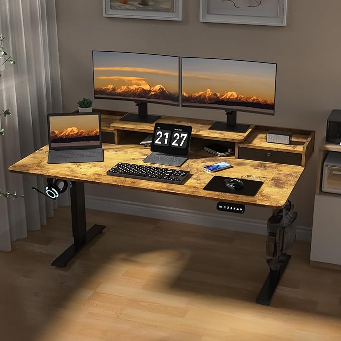 ExaDesk 63 x 30 Inch Electric Standing Desk with 2 Drawers, Adjustable Height Widened Stand Up Desk with Storage, Sit to Stand Ergonomic Workstation for Home Office, Rustic Brown