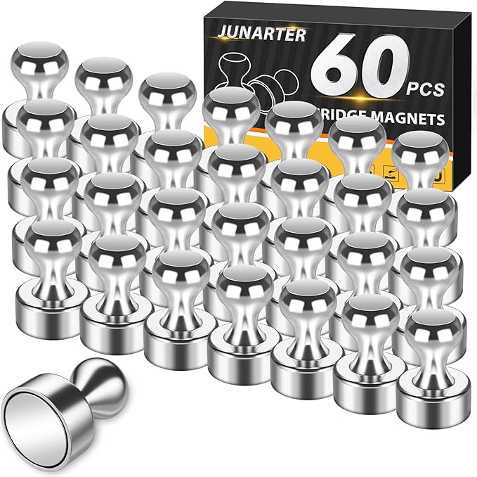 Junarter 60 Pack Magnetic Push Pins, Silver Strong Fridge Magnets, Whiteboard Magnets, Refrigerator Magnets Strong, Dry Erase Board Magnets for Fridge, Whiteboard, Office, Classroom, Kitchen, Map
