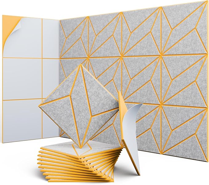 UNECHO 12 Pack 12" X 12" X 0.47" Acoustic Panels for Wall Sound Absorbing, Dual-Color P-Stripes Square Self-Adhesive Sound Panels, High Density Suitable for Multiple Scenarios(Orange+SilverGray)