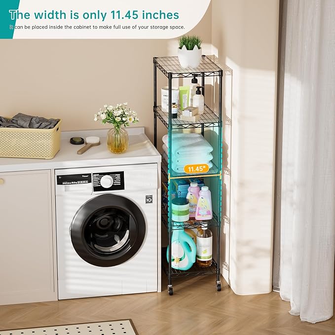 SINGAYE Shelf Closet Wire Shelving：Adjustable Metal Unit for Laundry Room Organization Bathroom Kitchen Home Storage with Wheels Small Pantry Rack Shelves
