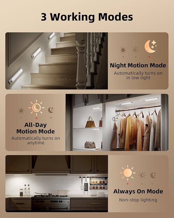 EZVALO 3 Pack Under Cabinet Lighting, 3200mAh Rechargeable Motion Sensor Light, 12inch Magnetic Closet Lights with Dimmable & 3 Color Temps, Wireless Motion Activated Lights with Remote for Kitchen