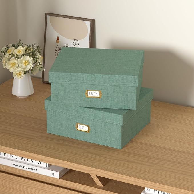 Decorative Photo Storage Box - 2 Pack Linen Photo Box Organizer with Dividers, Fits Holds Up to 1700 Pictures and 4x6 Photos, Memory Keepsake Organizer for Scrapbook Supplies, Cards, Stamps (Green)