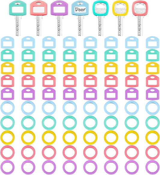 Blulu 80 Pcs Key Labels Key Color Covers Caps Tags Covers Set Plastic Keys Identifier Rings Toppers for Tags Organization House, 2 Styles(Macaron Color)