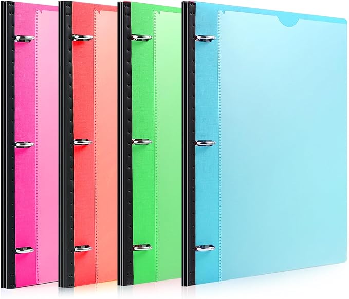 MAKHISTORY Telescoping 3 Ring Binder-4PCS, Flexible Binder with Customized Front Cover+Clear Catalog Pocket+3 Round Rings, Flat Writing Binder, 4 Bright Colors