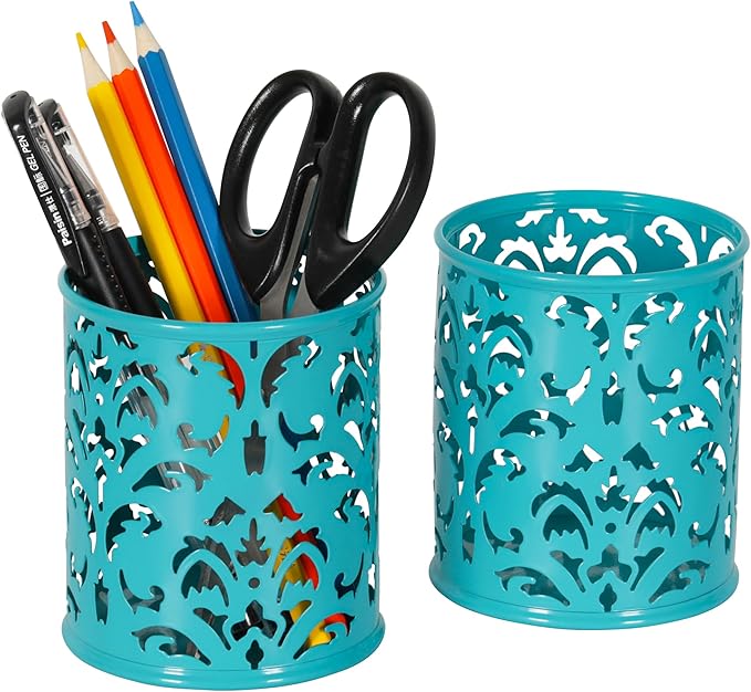 EasyPAG Teal Pen Holder for Desk, 2 Pack Round Pen Organizer, Brush Holder for Vanity, Metal Pencil Cup Organizer for Home, Office, Classroom, School