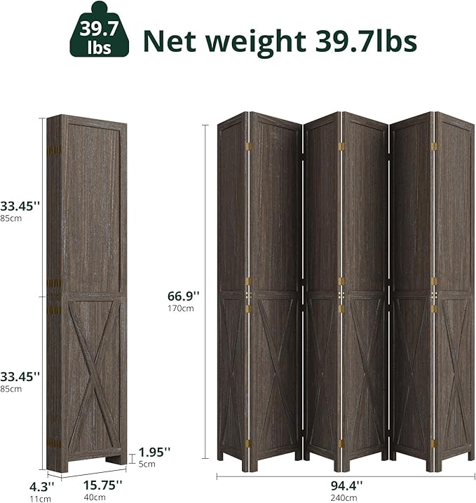 Cozy Castle Wood Room Divider, 6 Panels Folding Privacy Screen, 66.9'' Wall Divider, Barnwood Room Separator, Freestanding Partition, Temporary Wall for Decorative, Rustic Brown