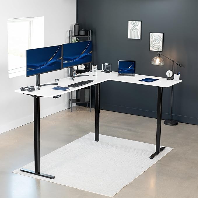 VIVO Electric Corner 84 x 63 inch L-Shaped Standing Desk, Memory Height Adjustment, White Top Black Frame, DESK-E3CTBW-84