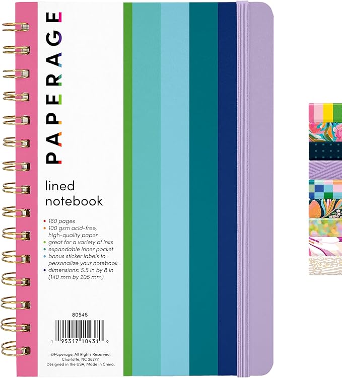 PAPERAGE Lined Spiral Journal Notebook, (Rainbow Stripe), 160 Pages, Hardcover Journal for Women & Men, Medium 5.5 in x 8 in - 100 GSM, Thick Paper, Spiral Notebook for Work, School & Journaling