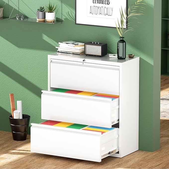 Greenvelly 3 Drawer File Cabinet, Metal Filing Cabinet with Lock, White Lateral File Cabinet for Home Office, Locking File Cabinet for Letter/Legal/F4/A4 Size Hanging Files, Easy Assembly