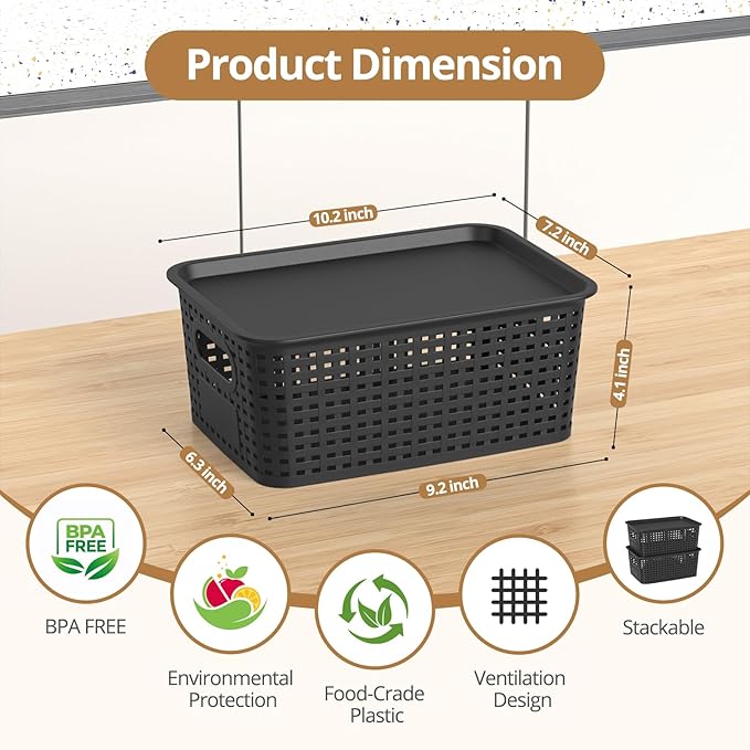 ZFTMRR Plastic Storage Basket with Lid, Stackable Small Box Bins for Organizing and Containers for Shelves Drawers Desktop Closet Playroom Pantry Classroom Office Home, 8 Pack 10.2x7.2x4.1 Inch, Black