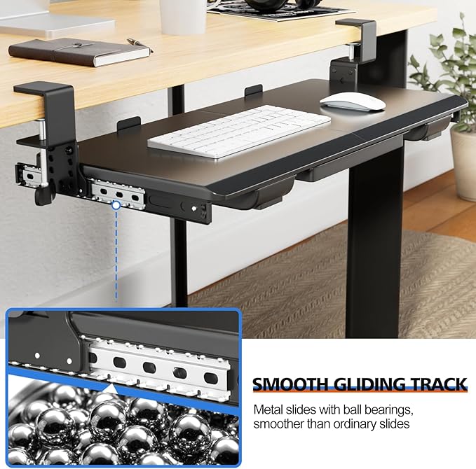 OUKMIC Large Height Adjustable Keyboard Tray with Sturdy C-Clamp Mount and Storage Drawer, 27"(31" Including Clamps) x 12" Slide Out Ergonomic Keyboard Trays for Home and Office, Black
