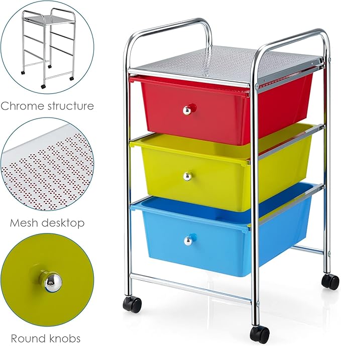 Giantex Rolling Cart with Drawers, Craft Organizer with Wheels, 3 Drawer Storage Container Bins for Back to School Office Scrapbook Paper Tools Red, Green & Blue
