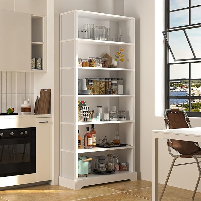 TVU 6-Tier Wooden Bookshelf, 77.2" Tall Farmhouse Style Open Bookcase, 31.5" W Standing Bookshelf with Storage, Suitable for Study, Living Room, Office, White
