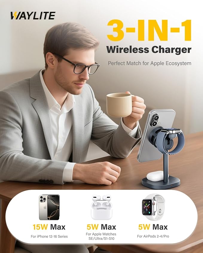 3 in 1 Wireless Charging Station for Apple MagSafe Charger Stand,15W Qi2 Fast Phone and Watch Charger with TEC Cooling, Magnetic Wireless Charger for iPhone17 16 15 14 13, Apple Watch, AirPods, Gray