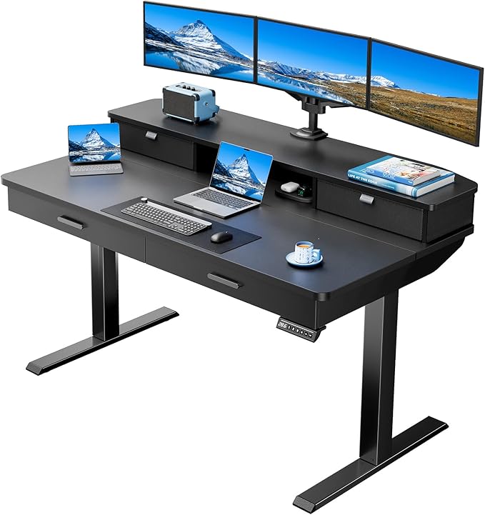 HUANUO 55 x 30 inch Electric Standing Desk with Wood Drawers,Stand up Home Office Desk Adjustable Height with Two Tiers, Ergonomic Stand up Desk with Monitor Stand, Black