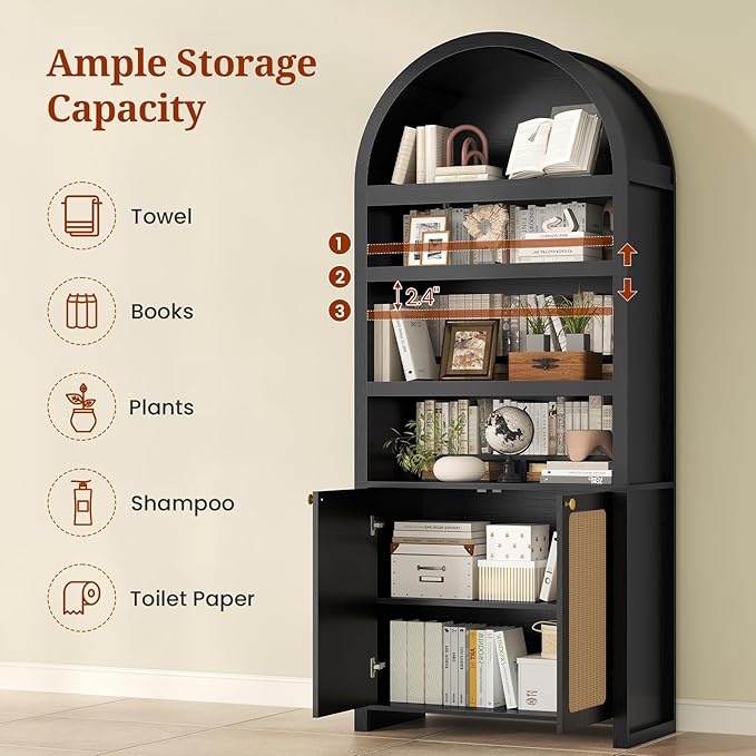 81" Tall Arched Cabinets,Bookcase with storage,Mid-Century Modern 6-Tier Bookshelf with Door,2 Book Risers and Adjustable Shelves offering more storage space for Living Room,Home Office,Black+Oak