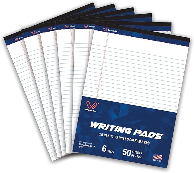 Woodlake Legal Pads 8.5 x 11, 6 Pack, Wide Ruled, Premium White Paper Pad No Ink Bleed, Micro‑Perforated, Sturdy Chipboard Back, 50 Sheets/Pad,for School, Office & Home, Made in USA