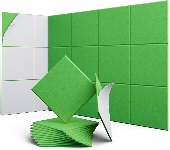 UNECHO 12 Pack 12" X 12" X 0.4" Acoustic Panels for Wall Sound Absorbing, Square Self-Adhesive Sound Panel, High Density Suitable for Multiple Scenarios(Lush Green)