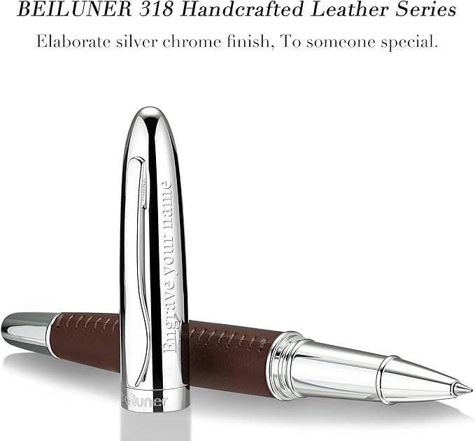 BEILUNER 318 Luxury Personalized Leather Pen, Hand-Stitched Premium Leather, Chrome-Plated Finish, Schmidt Refill, Fancy Rollerball Pen Gift Set for Men & Women, Executive Writing, Nice Designer pen