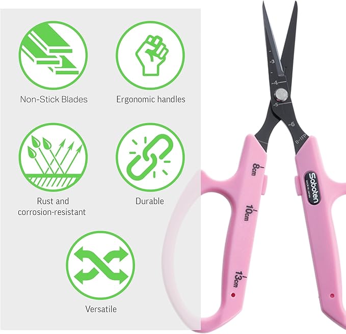 Saboten Fluorine Coated Straight Blade Trimming Scissors Pink PT-1 160mm Precision Gardening Bonsai and Floral Shears Made in Japan