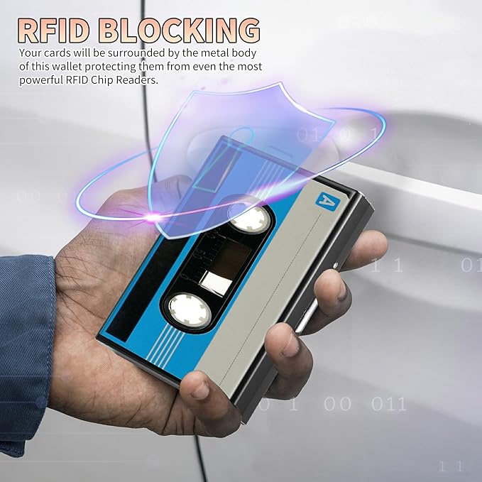 BWEGRHE Slim Credit Card Holder, Blue Cassette RFID Blocking Metal Wallet for Men & Women, Aluminum Minimalist Hard Case Pocket-Sized Business Cards Organizer (Fits Up to 10 Cards)