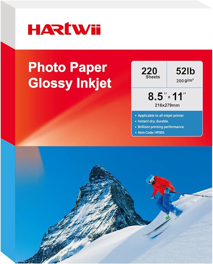 HARTWII 220 Pack Photo Paper Glossy Inkjet 8.5x11 inches 52lb 200Gsm Letter Size for Dye Ink Printers