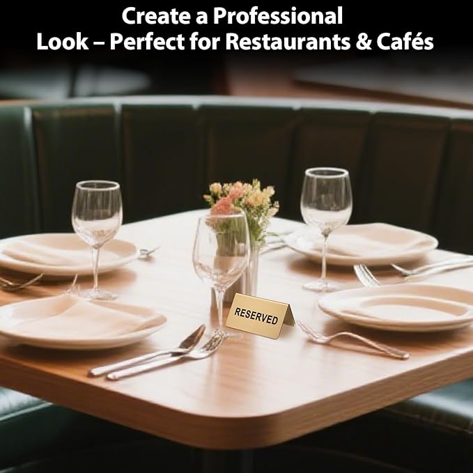 Stainless Steel Reserved Table Sign, Set of 6, 2.36 x 3.94 Inch Tent-Style Signs, Brushed Gold Metal, Durable and Easy to Read for Restaurants, Cafes, Hotels, Weddings, and Events (Gold)