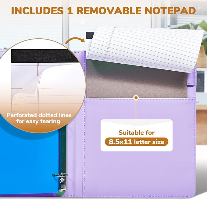 JoyCat 3 Ring Binder Clipboard with Storage,12.4"x10.2"Magnetic Clipboard Folder with 5 Expandable Folders,Refillable Lined Notepad (11" x 8.5"),Ideal for School Office Nursing(Purple)