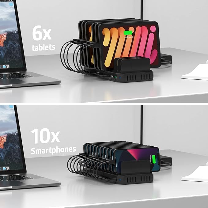 Alxum USB Fast Charging Station with Quick Charge 3.0, 10 Port Charging Stand for Multiple Devices, Compatible with iPad, iPhone, Samsung Galaxy, Black