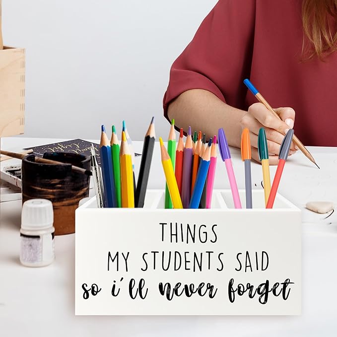 QZQE Teacher Gifts Pen Pencil Holder Organizer for Desk, Things My Students Said So I'll Never Forget Wooden Box Signs Decorations for Home Office Desk Tabletop, Teacher Appreciation Gifts