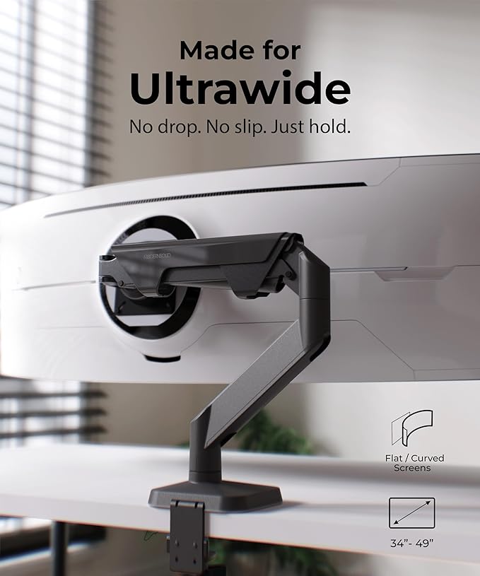Modernsolid Heavy Duty Monitor Arm Desk Mount for 34-49 Inch Ultrawide Curved Monitors, Supports 14-38 lbs, Gas Spring Ergonomic Full Motion with Cable Management, Red Dot Design Awarded, Black