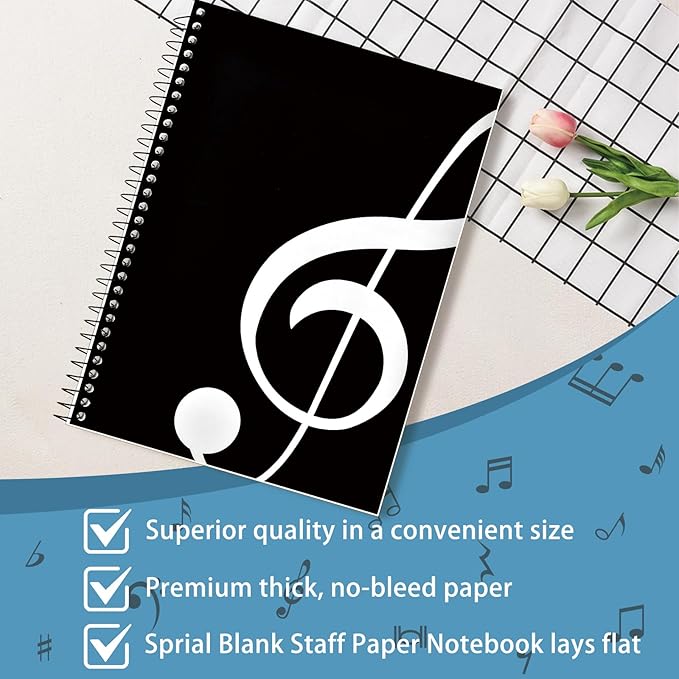DOMMI Blank Sheet Music Composition Notebook 2 Packs, Manuscript Staff Paper Notebook with 200 Pages 26x19cm, Spiral Bound Music Songwriting Notebook for Songwriters, Musicians, Teachers, Black