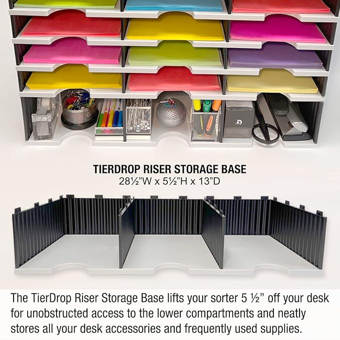 Desktop Organizer 6 Letter Tray Sorter Plus Riser Base, 3 Supply & 3 Storage Drawers - Ultimate Office TierDrop Plus Stores All of Your Documents and Supplies in One Compact Modular System